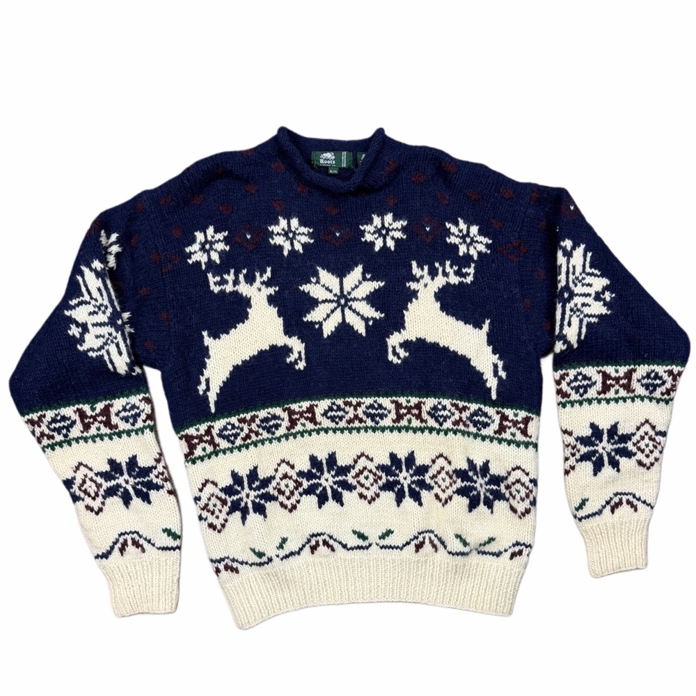 Roots 100% Wool Fair Isle Sweater Reindeer Nordic Knit XL Made in Hong Kong
